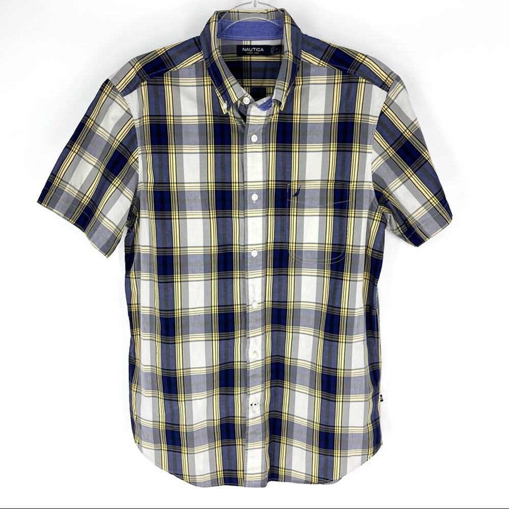 Nautica Button Down Short Sleeve Shirt‎ Blue Yellow Plaid M